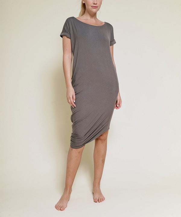 BAMBOO ASYMMETRIC DOLMAN DRESS WITH POCKETS