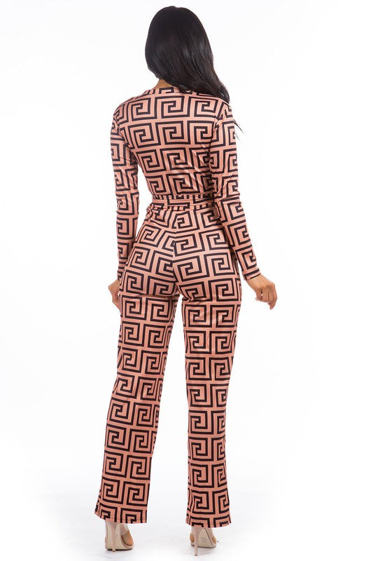 BROWN GEOMETRIC SEXY JUMPSUIT