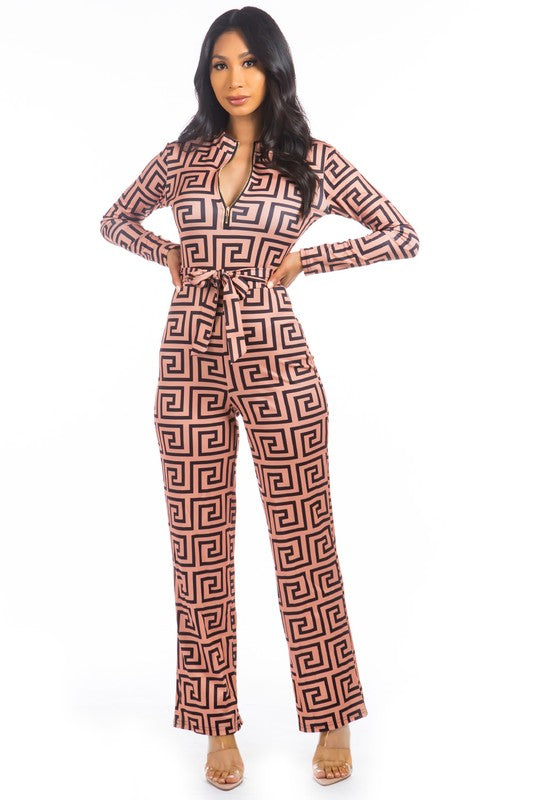 BROWN GEOMETRIC SEXY JUMPSUIT