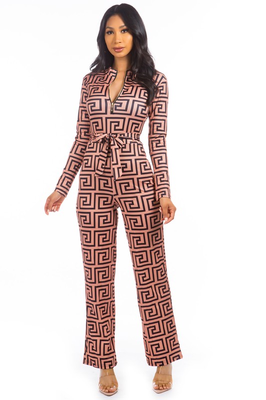 BROWN GEOMETRIC SEXY JUMPSUIT