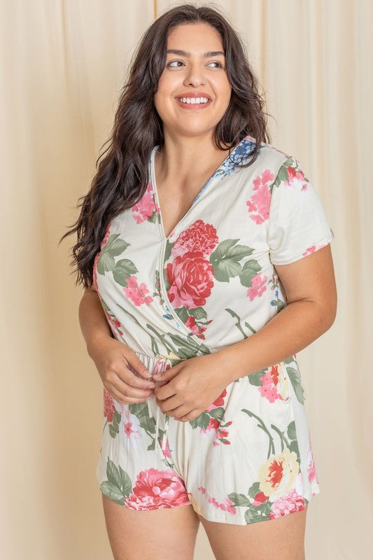 Plus Surplice Drawstring Floral Romper