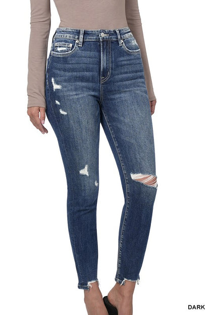 DISTRESSED HEM ANKLE SKINNY DENIM PANTS