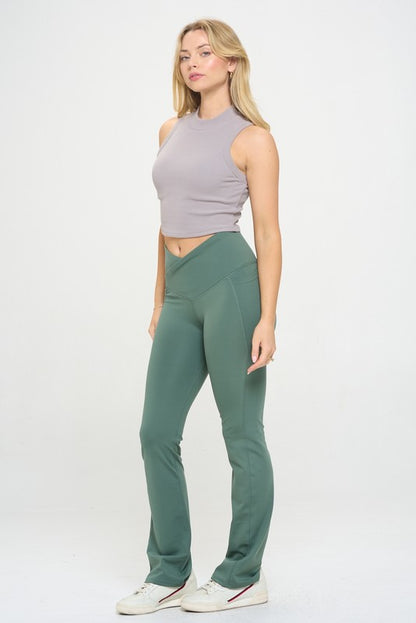 Women Crossover Flare Legging High Waisted Pockets