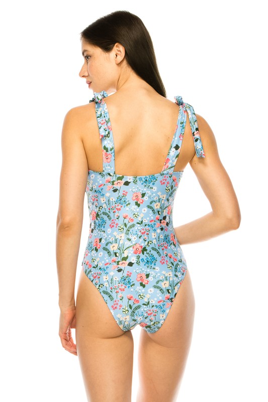 ONE PIECE BATHING SUIT FLORAL PRINT SHOULER TOP TIE