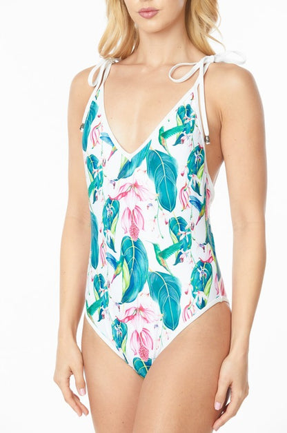 ONE PIECE BATHING SUIT FLORAL PRINT SHOULER TOP TI