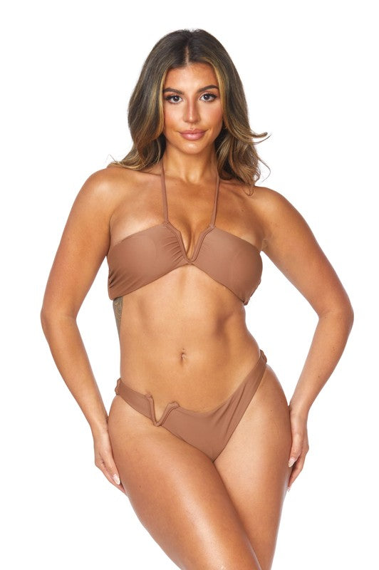 TWO PIECE V SHAPE DESIGN HALTER NECKLINE BIKINI